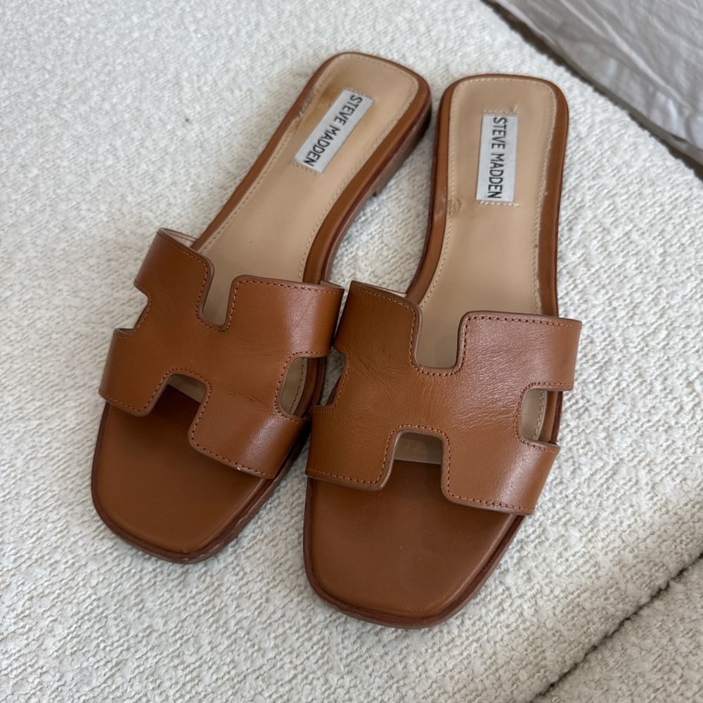 Steve Madden Hadyn Cognac Leather Brown  Slide Sandals